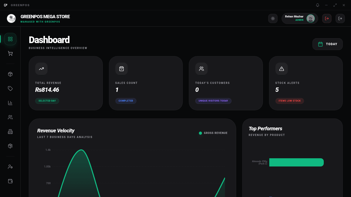 GreenPOS dashboard showing today's sales, orders, low stock, and khata due
